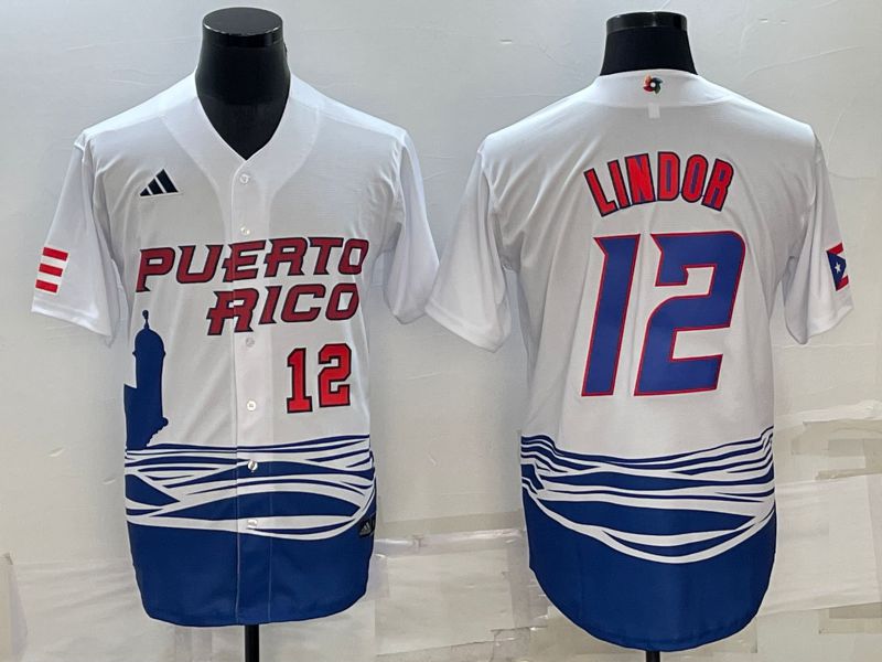 Men 2023 World Cub 12 Lindor White MLB Jersey4